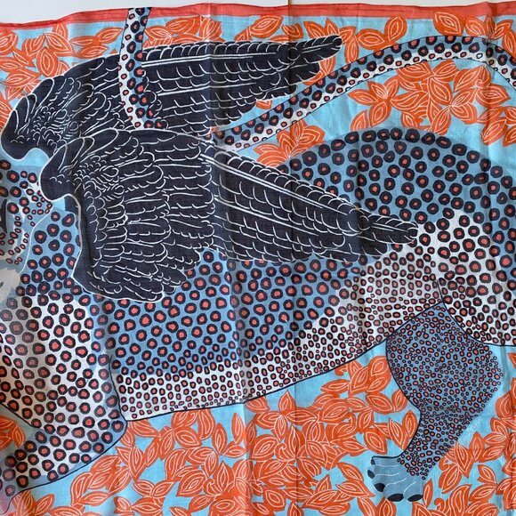 Inouitoosh Cotton and Silk Wing Cheetah Orange Blue Scarf 78"x38" - Picture 5 of 8